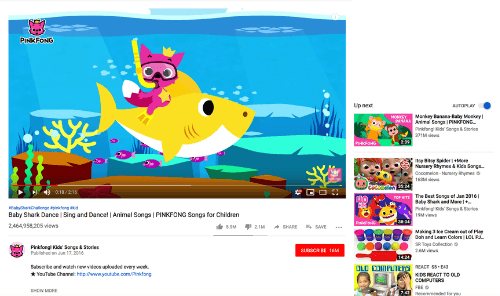 A screenshot of the Baby Shark video on YouTube with recommended videos next to it